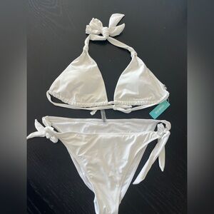 NWT Aqua Eve White Tie-Side Triangle Bikini, size Large